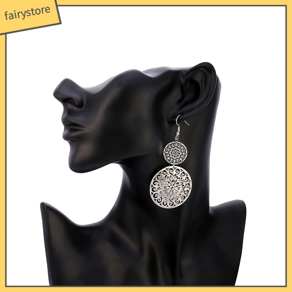 Khuyên Tai Dáng Dài Hai Lớp Chạm Khắc Thời Trang Cho Nữ