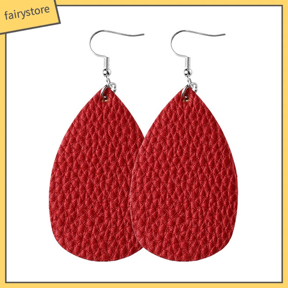 [FRO] Bông Tai Móc Câu Bằng Da Giả Kết Cấu Quả Vải Hình Giọt Nước Cho Nữ