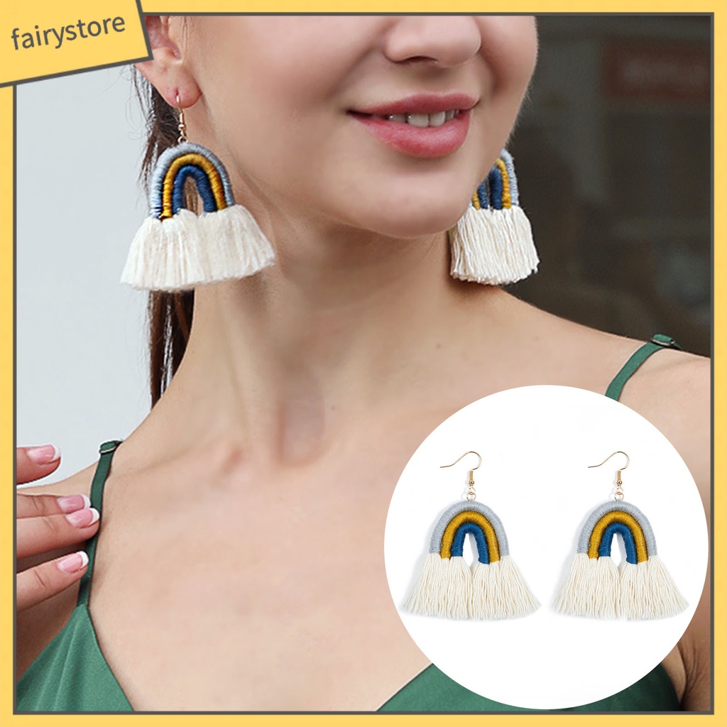 [FRO] 1 Đôi Bông Tai Móc Tua Rua Nhiều Lớp Màu Cầu Vồng Quyến Rũ Phong Cách Bohemian