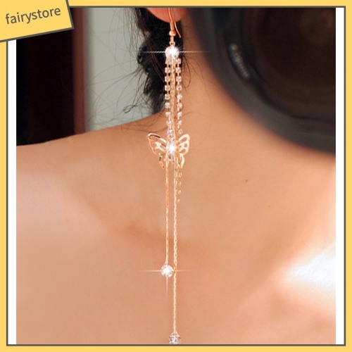 Bông Tai Dài Hình Bướm Rỗng Đính Đá Cho Nữ