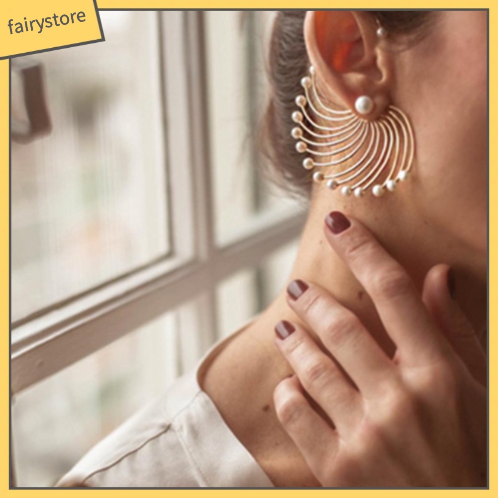 Bông Tai Hình Quạt Đính Ngọc Trai Giả [FRO] Thời Trang Dự Tiệc Cho Nữ