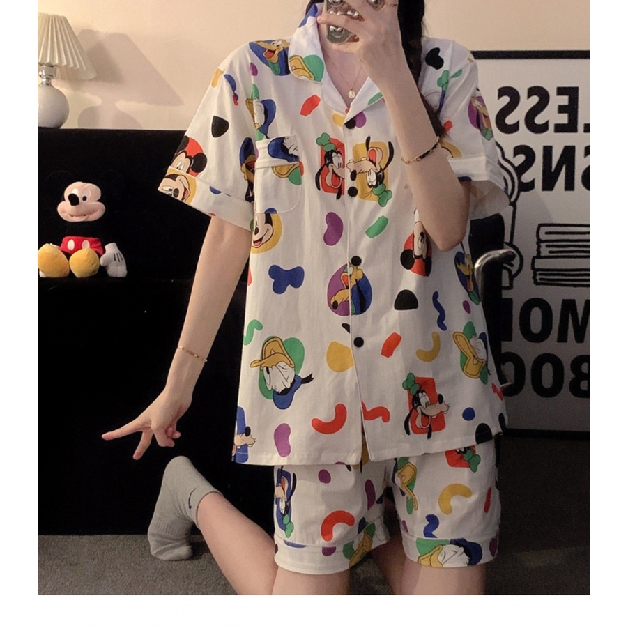 Bộ Đồ Ngủ Tay Ngắn Dáng Rộng In Họa Tiết Hoạt Hình Mickey Dễ Thương Thời Trang Mùa Hè Cho Nữ