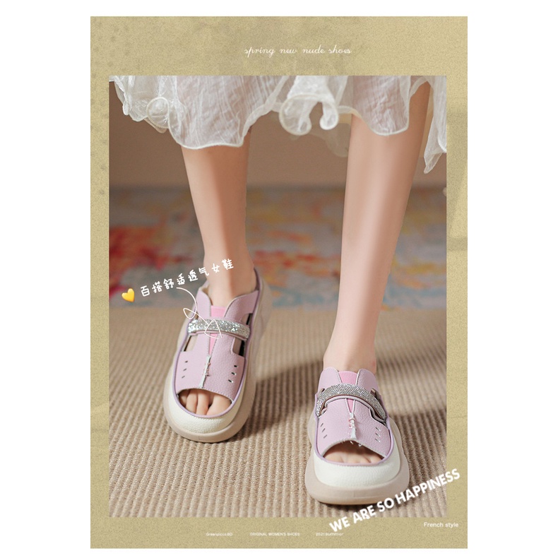 Duoya Tóc Thẳng ~ [Hàng Có Sẵn] Dép Da Mềm Đế Dày Mềm Mại Đính Kim Cương Rỗng Dễ Phối Đồ Hàng Ngày Cho Nữ