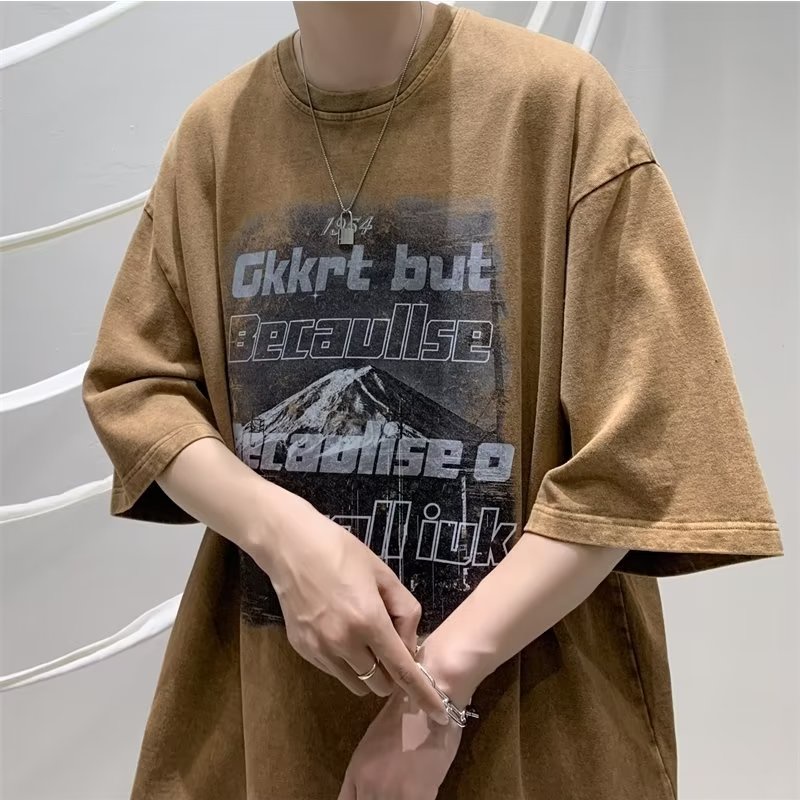 Áo Thun Ngắn Tay Màu Cà Phê In Hình Núi Tuyết Batik Phong Cách Âu Mỹ Cổ Điển Thời Trang Mùa Hè Cho Nam