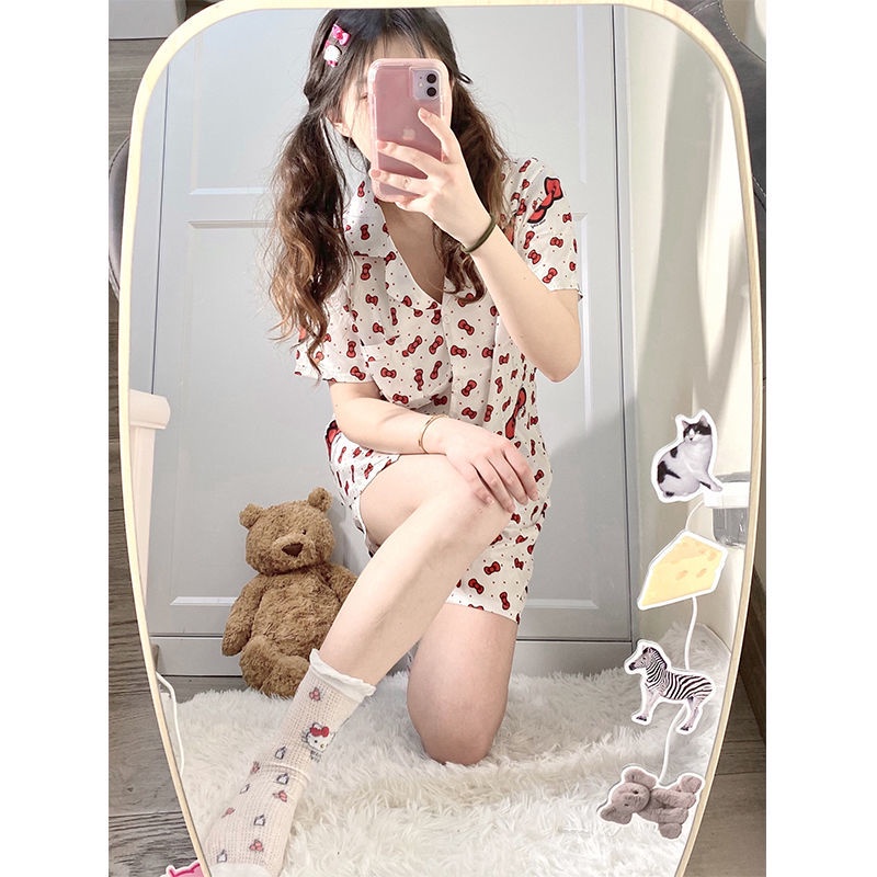 Bộ Đồ Ngủ Bằng Lụa Mát Mềm Mại In Hình Hello Kitty Đính Nơ Thời Trang Mùa Hè Dành Cho Bạn Gái