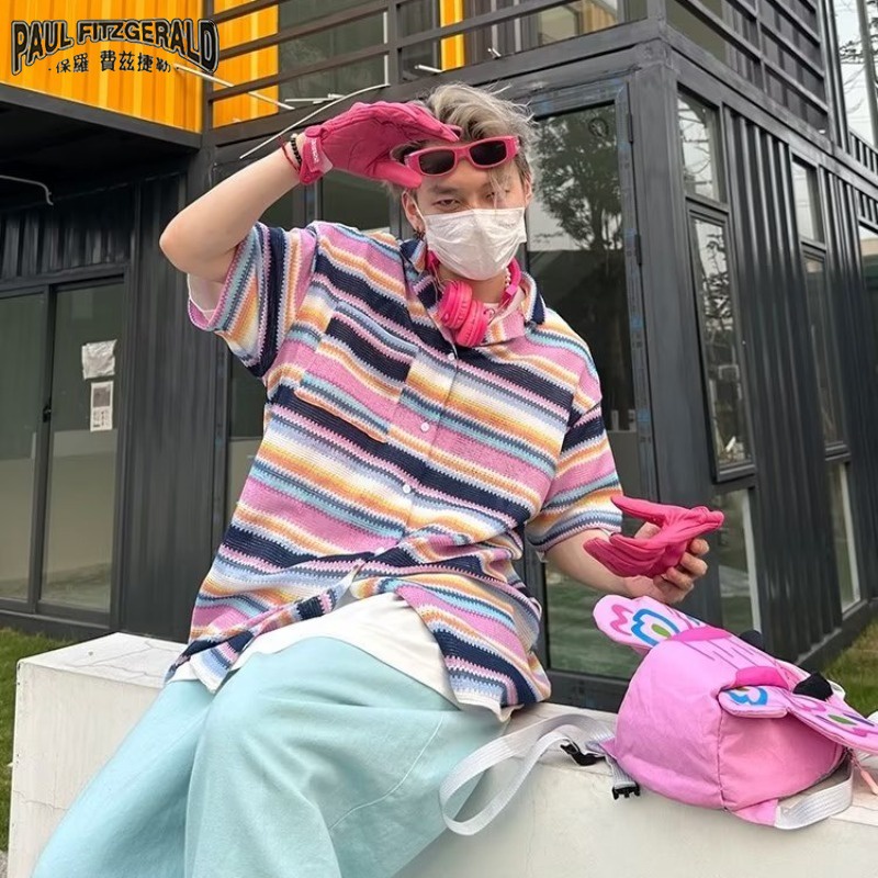 Áo Sơ Mi Dệt Kim Mỏng Dáng Rộng Tay Ngắn Kẻ Sọc Màu Tương Phản Thời Trang Mùa Hè Cho Cặp Đôi