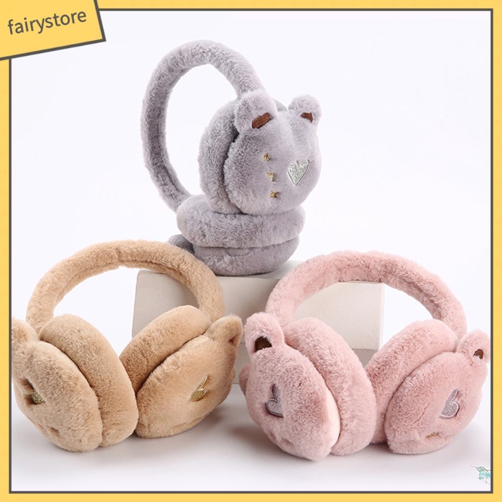 Chụp Tai Giữ Ấm Mùa Đông Bằng Vải Bông Dày Dặn Mềm Mại Co Giãn Không Trượt Thêu Hình Gấu Dễ Thương