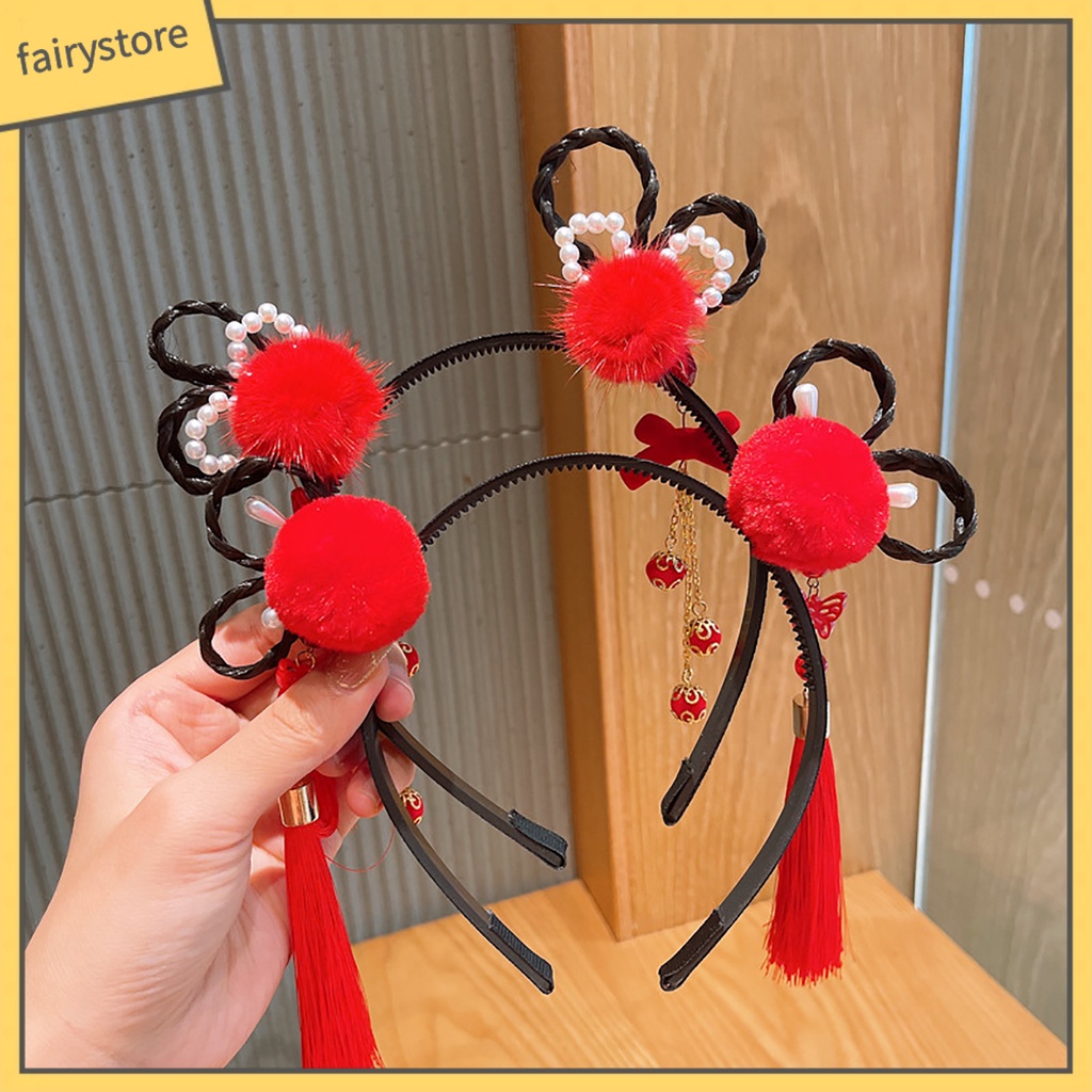 Băng Đô Nơ Đính Ngọc Trai Co Giãn Phối Bóng Lông Tua Rua Phong Cách Trung Hoa Mừng Năm Mới Cho Bé Gái