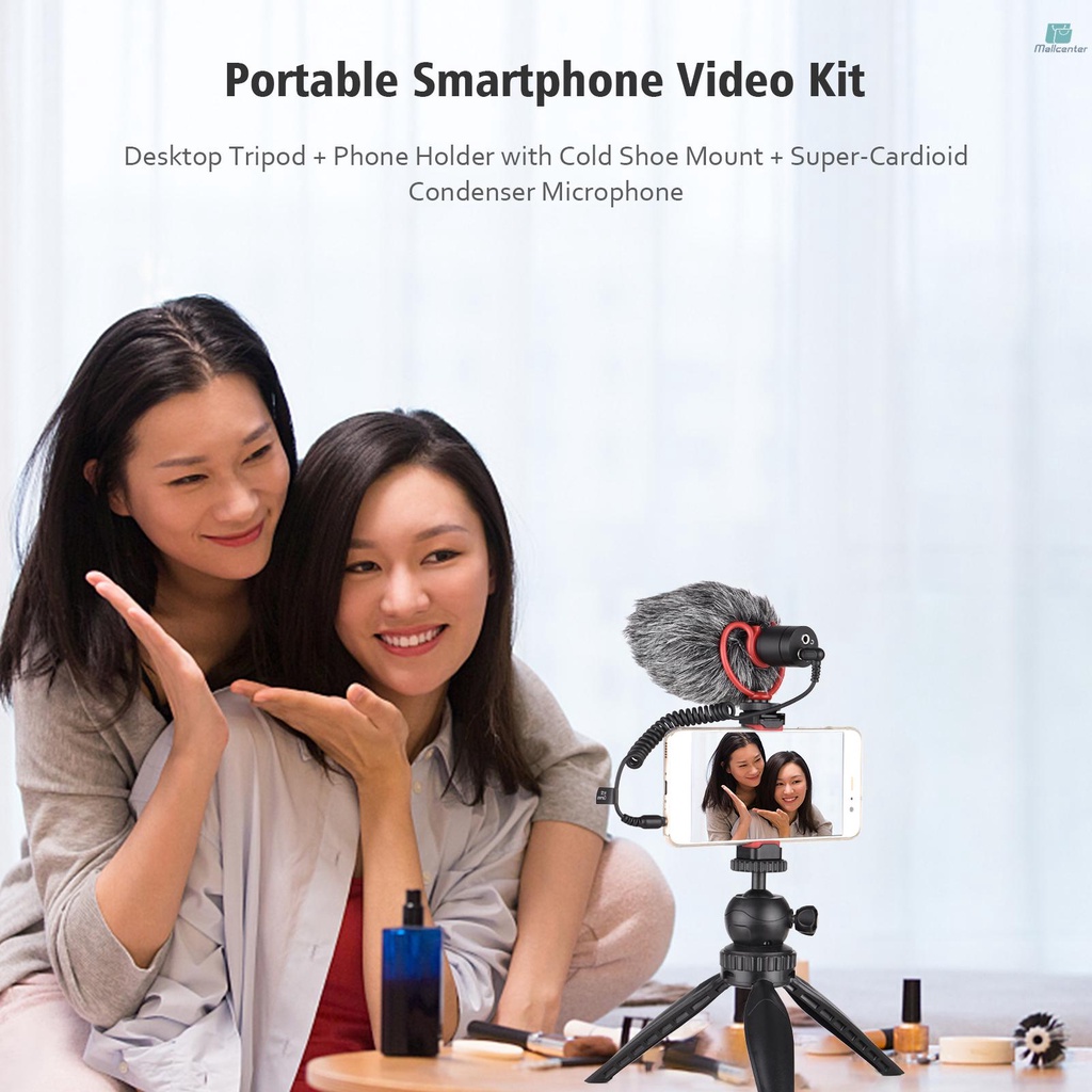 Portable Smartphone Video Kit Phone Vlog Kit Including Desktop Tripod + Phone Holder with Cold Shoe Mount + Super-Cardioid Condenser Microphone with Windscreens Shock Mount for Smartphone Vlog Live St