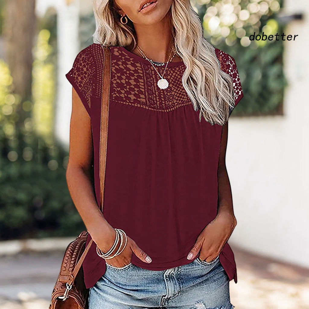 [DO] Áo Thun Tay Ngắn Cổ Tròn Phối Ren Rỗng Màu Trơn In Hình Dating Thời Trang Mùa Hè Dành Cho Bạn Nữ