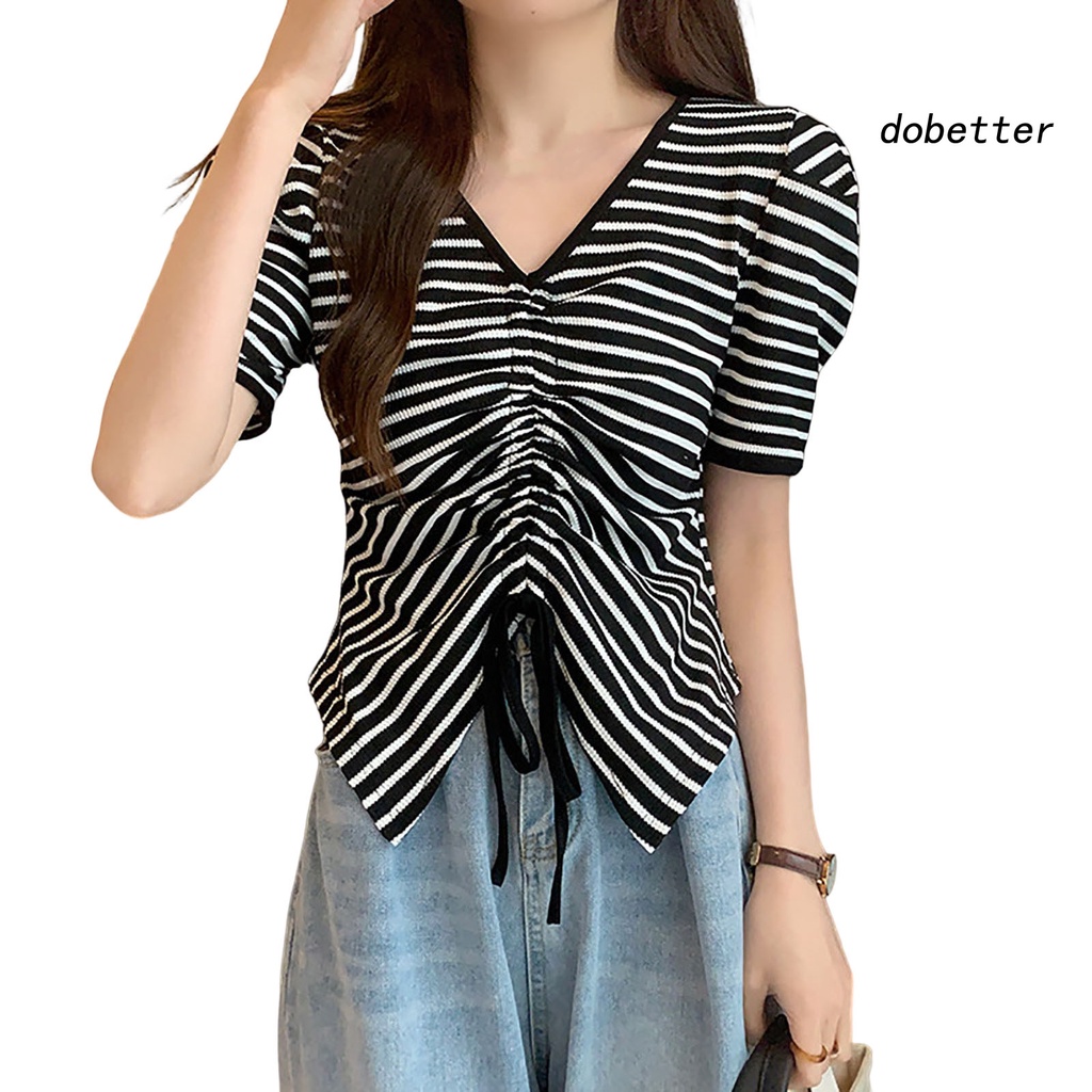 Áo Thun Tay Ngắn Cổ Chữ V Màu Trơn Phối Dây Rút Thời Trang Mùa Hè Cho Nữ