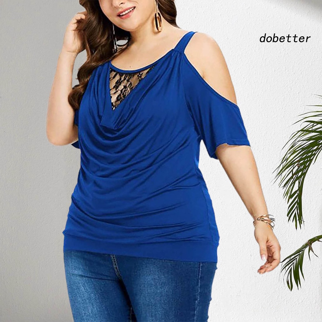 Áo Thun Tay Ngắn Cổ Tròn Màu Trơn Phối Ren Xuyên Thấu Plus Size Thời Trang Mùa Hè Cho Nữ