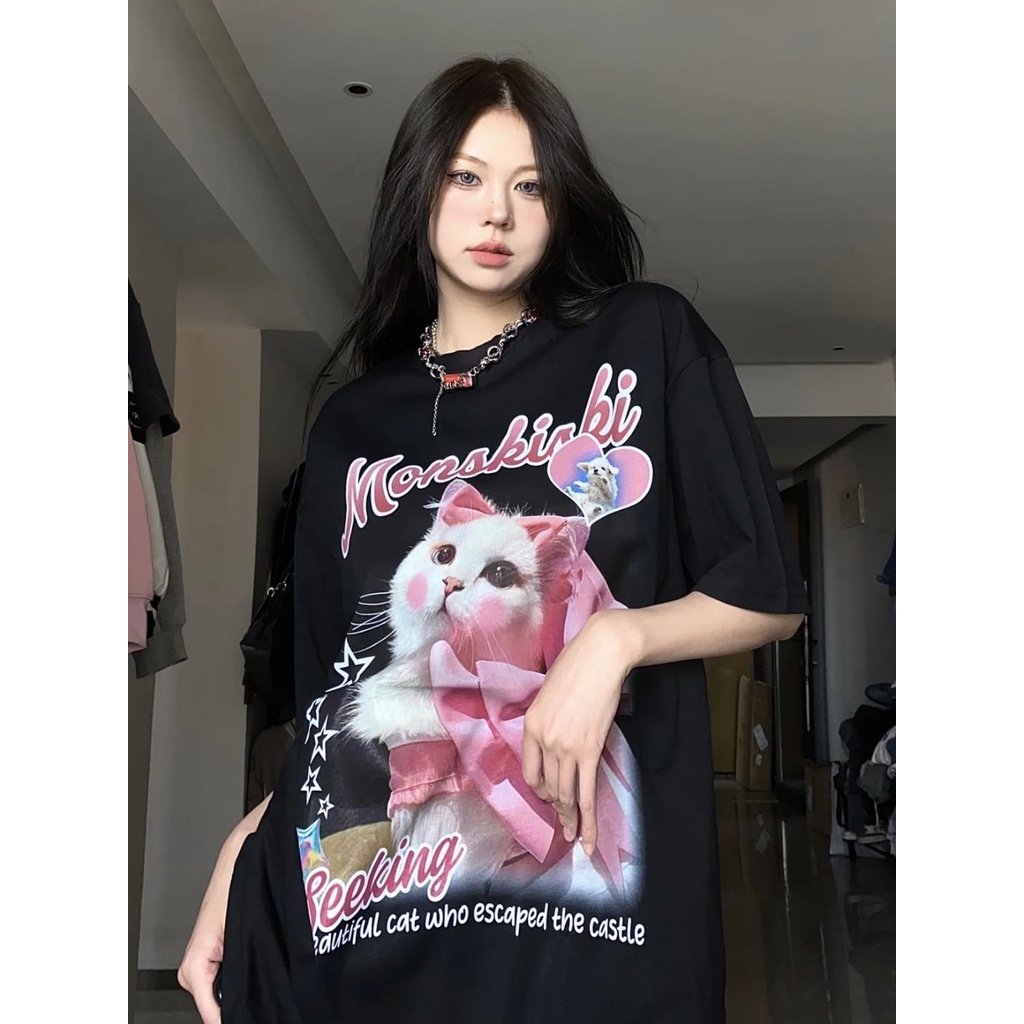 Áo Thun Tay Ngắn Dáng Rộng In Hình Mèo Dễ Thương Thời Trang Mùa Hè Cho Nữ