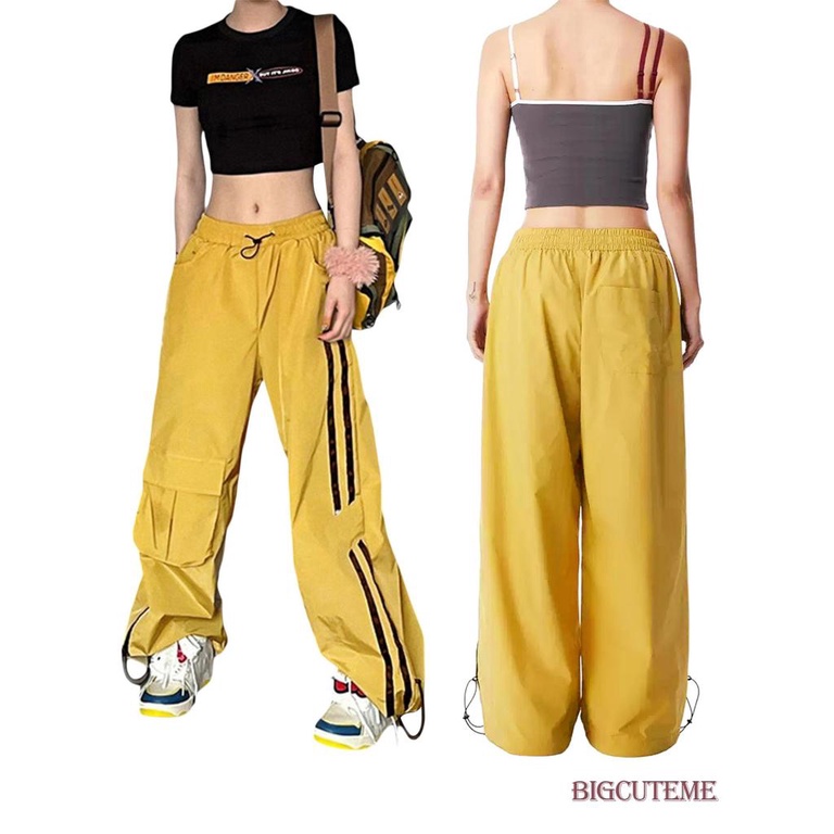 [] Quần Baggy Cạp Cao Có Túi In Họa Tiết Sọc Và Dây Rút Cho Nữ