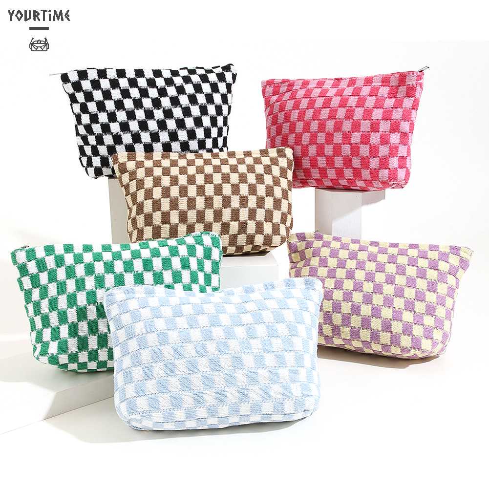 Túi Đựng Mỹ Phẩm Sức Chứa Lớn Họa Tiết Sọc Caro Xinh Xắn Tiện Dụng