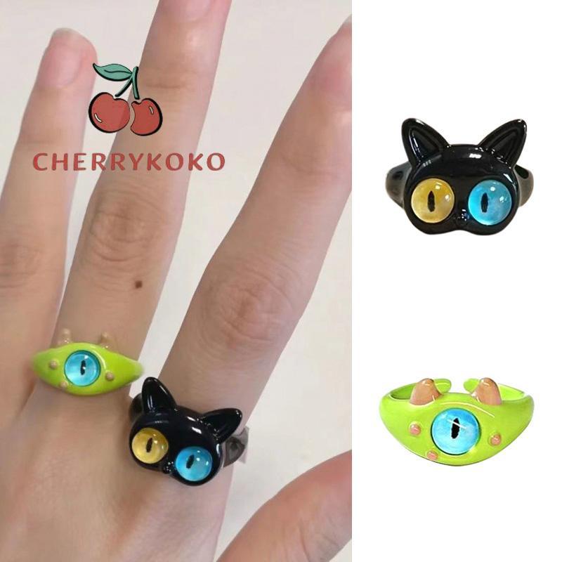 🍒🍒CHERRYKOKO Nhẫn Hình Mèo Đen Mắt To Dễ Thương Vui Nhộn Cho Cặp Đôi