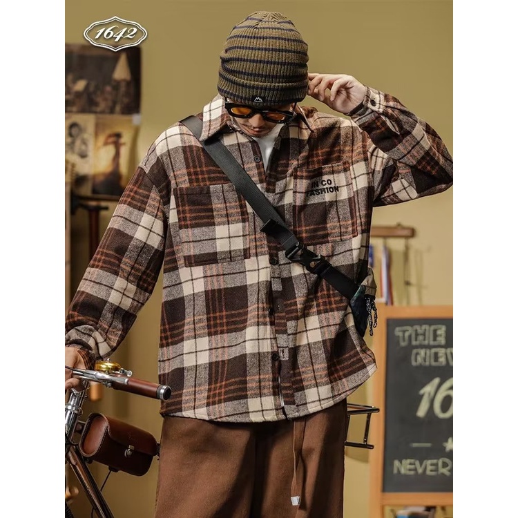 Áo Khoác Sơ Mi Vải Flannel Dày Dáng Rộng Cỡ Lớn Kiểu Retro Thời Trang Xuân Thu Cho Nam