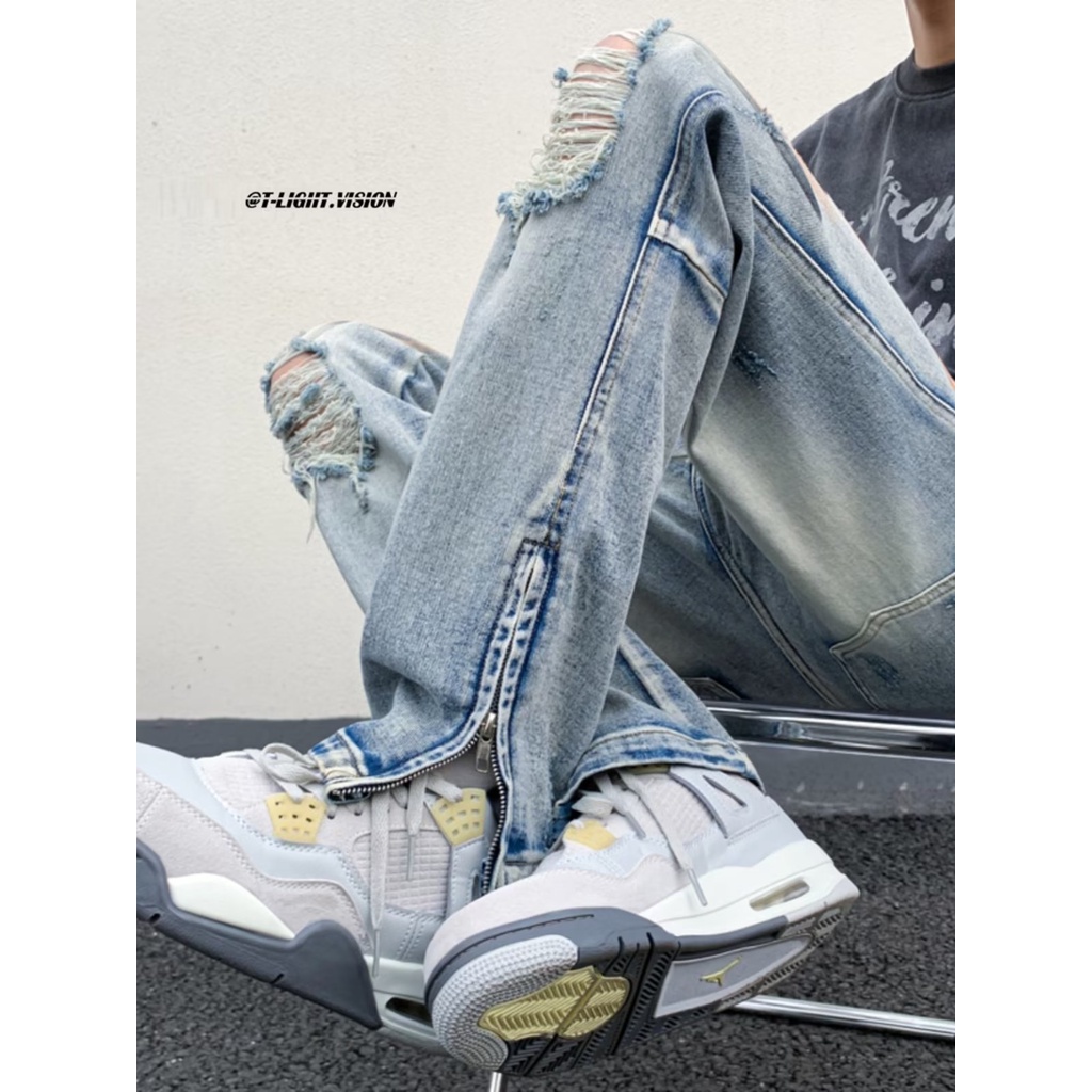 Quần Jean Dài Rách Phối Khóa Kéo Phong Cách Hip Hop Thời Trang Mùa Hè Cá Tính Cho Nam