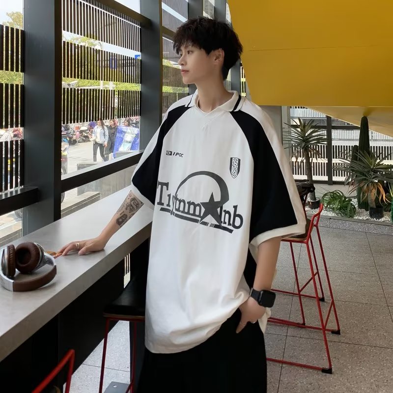 Áo Thun polo Tay Ngắn Dáng Rộng Màu Sắc Tương Phản Phong Cách Retro Mỹ Thời Trang Mùa Hè Cho Nam