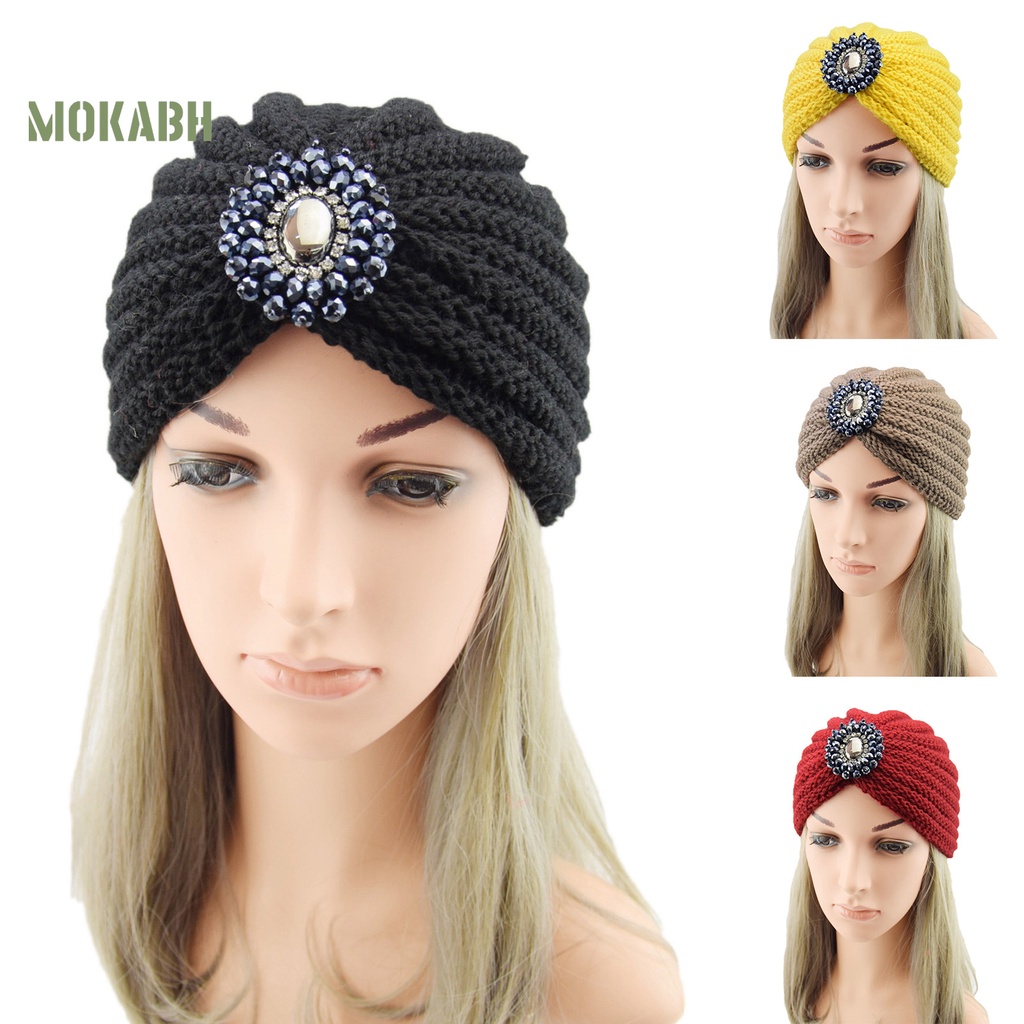 [Mok Abh] Mũ Beanie Sợi Acrylic Pha Lê Nhân Tạo Rộng Gấp Lại Được Dùng Hàng Ngày Dành Cho Bạn Nữ