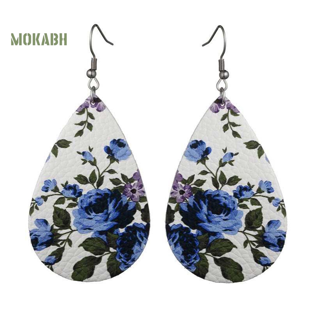 Abh Bông Tai Móc Hình Giọt Nước Họa Tiết Hình Hoa Bằng Chất Liệu Giả Da Theo Phong Cách Boho