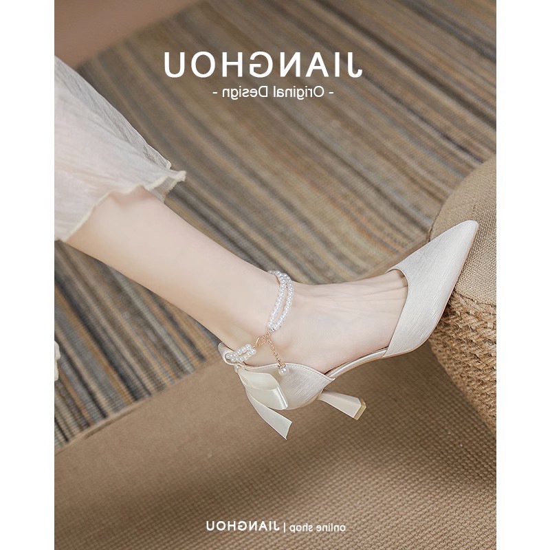 Duoya Tóc Thẳng ~ [Hàng Có Sẵn] [Sandal Cao Cấp Niche Đính Nơ Ngọc Trai Siêu Cổ Tích Miễn Phí Vận Chuyển