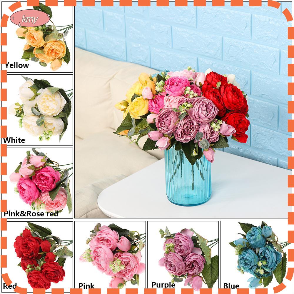 Nhánh 9 bông hồng mẫu đơn giả bằng vải lụa trang trí nhà cửa/tiệc cưới DIY 30cm