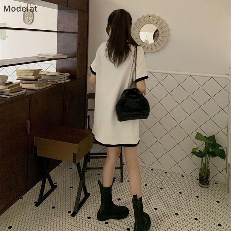 Mfc Đầm Tay Ngắn Dáng Rộng Phối Túi Màu Sắc Tương Phản Đơn Giản Cho Nữ