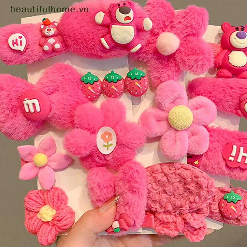 Bộ 8 / 10 Kẹp Tóc Hình Gấu / Dâu Tây Phủ Lông Thời Trang Mùa Đông Xinh Xắn Cho Bé