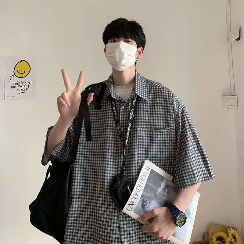 Áo Sơ Mi Tay Ngắn Họa Tiết Sọc Caro Phong Cách Nhật Bản Thời Trang Mùa Hè Cho Nam