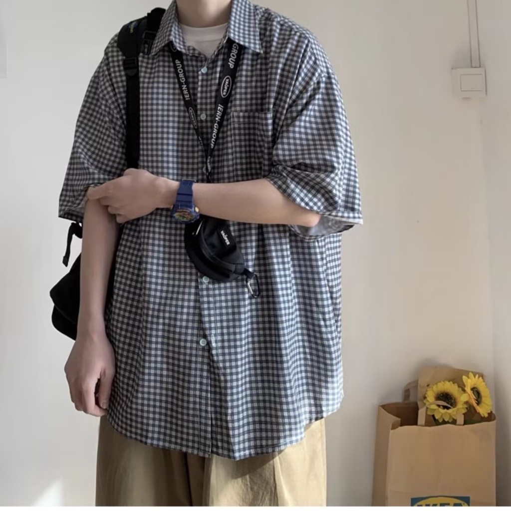 Áo Sơ Mi Tay Ngắn Họa Tiết Sọc Caro Phong Cách Nhật Bản Thời Trang Mùa Hè Cho Nam