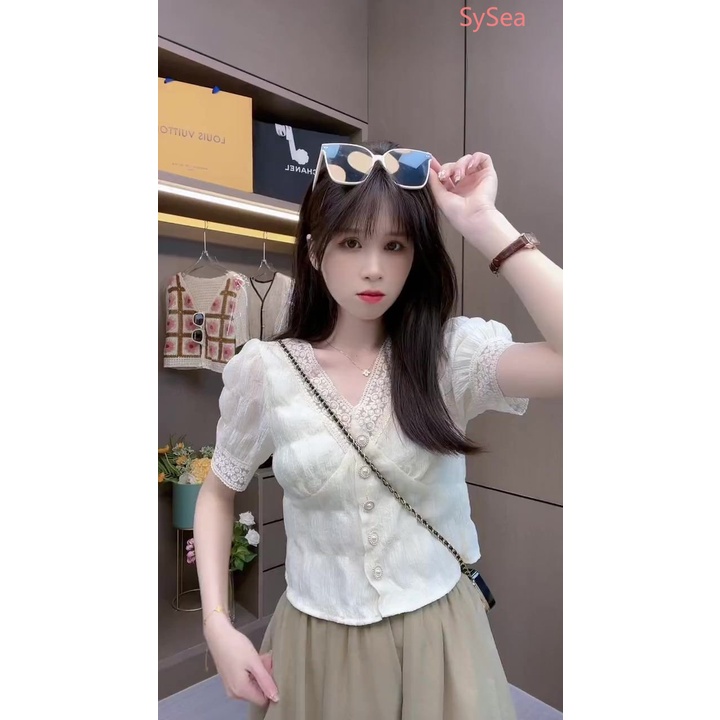 Áo Kiểu Tay Phồng Cổ Chữ V Phối Ren Phong Cách Retro Pháp