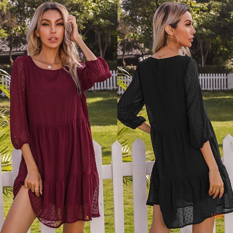 Xiangbao Đầm Hoa Văn Chấm Bi Tay Dài Cổ Chữ V Gợi Cảm Cho Nữ