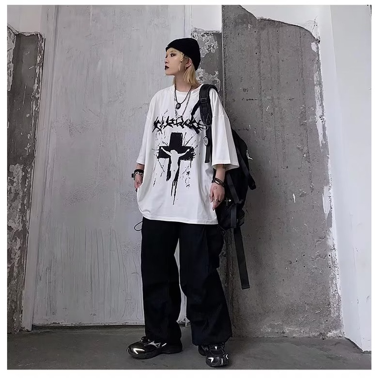 Áo Thun Tay Lỡ Dáng Rộng In Chữ Thập Phong Cách Đường Phố Thời Trang Mùa Hè Cho Nam