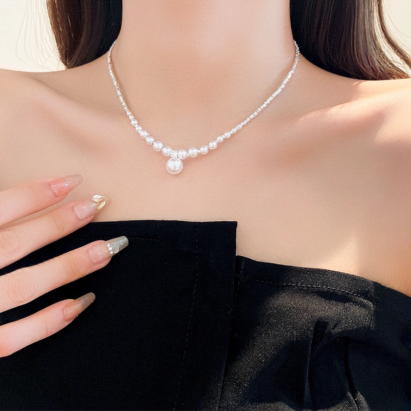 Vòng cổ Mạ Bạc Mặt Hình Tam Giác Đính Ngọc Trai Nhân Tạo Thời Trang