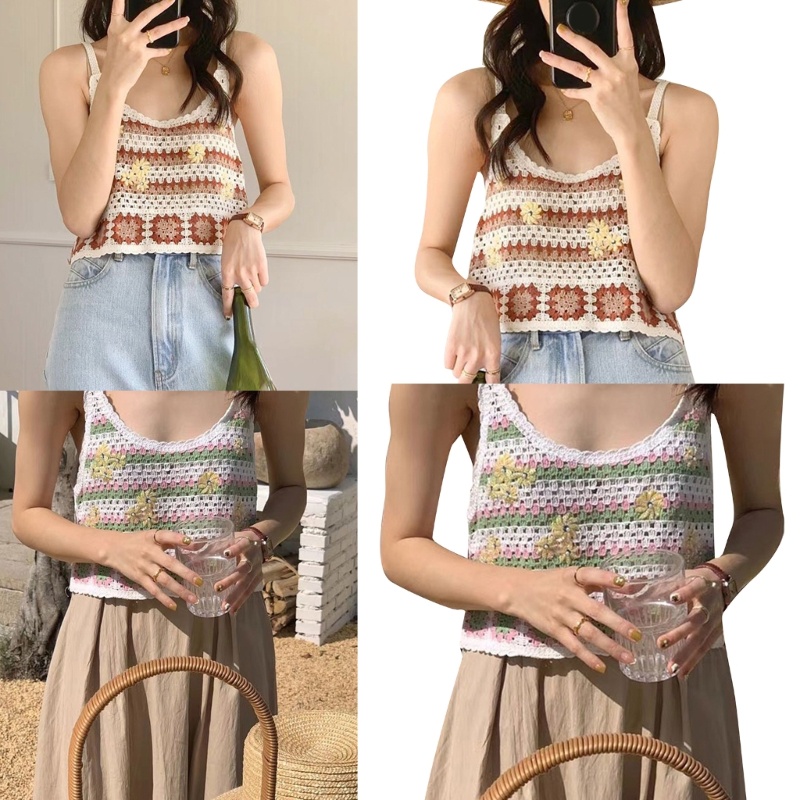 Áo Croptop Hai Dây Dệt Kim In Hoa Cổ Chữ U Gợi Cảm Cho Nữ