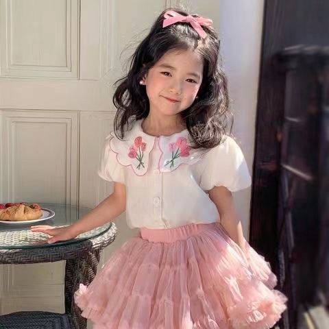 Áo Sơ Mi Trắng Cotton Tay Ngắn Thêu Hình Dành Cho Bé Gái Mùa Hè 2023 ，áo thun dài tay bé gái