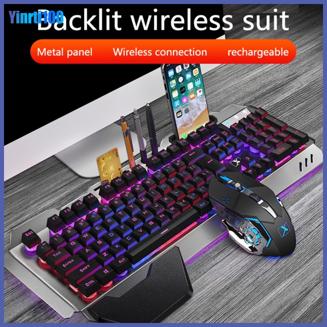 Bộ Bàn Phím Và Chuột Không Dây Yinrti K680 Bằng Kim Loại Chống Nước Có Đèn Nền Rgb Kèm Phụ Kiện