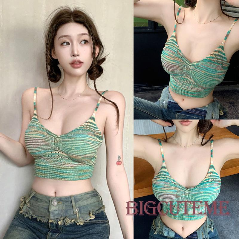 [] - Áo Croptop Dệt Kim Hai Dây Có Đệm Co Giãn Cổ Chữ V Kẻ Sọc Nhiều Màu Mùa Hè Cho Nữ Đi Câu Lạc Bộ Đường Phố