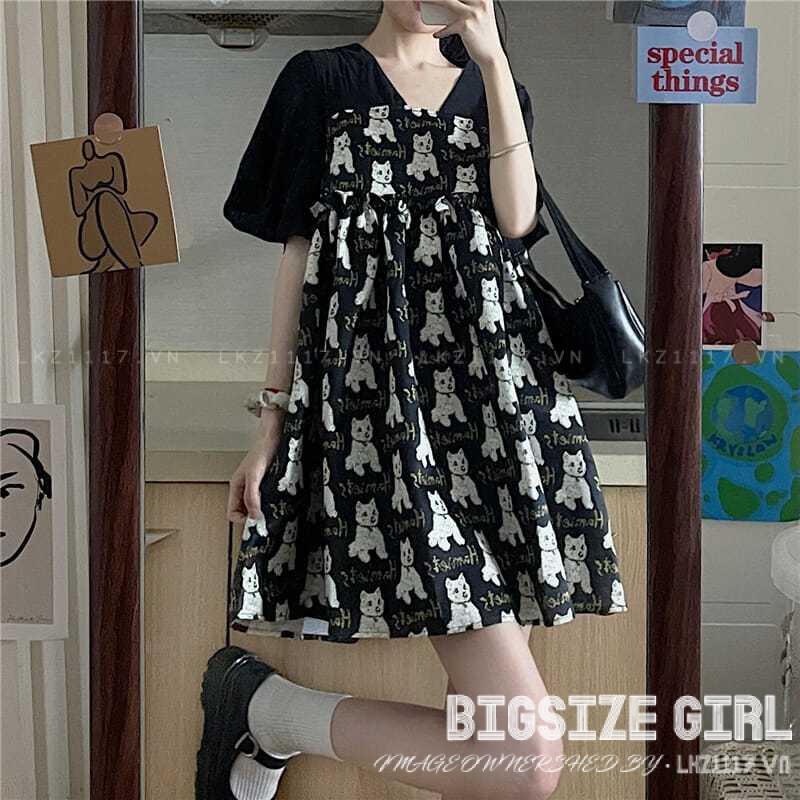 Đầm babydoll Bigsize Váy nữ dáng suông tay ngắn cổ chữ v chữ a đen mùa hè Phong cách Hàn Quốc Thời Trang tiểu thư cá tính xinh đẹp cho người mập béo