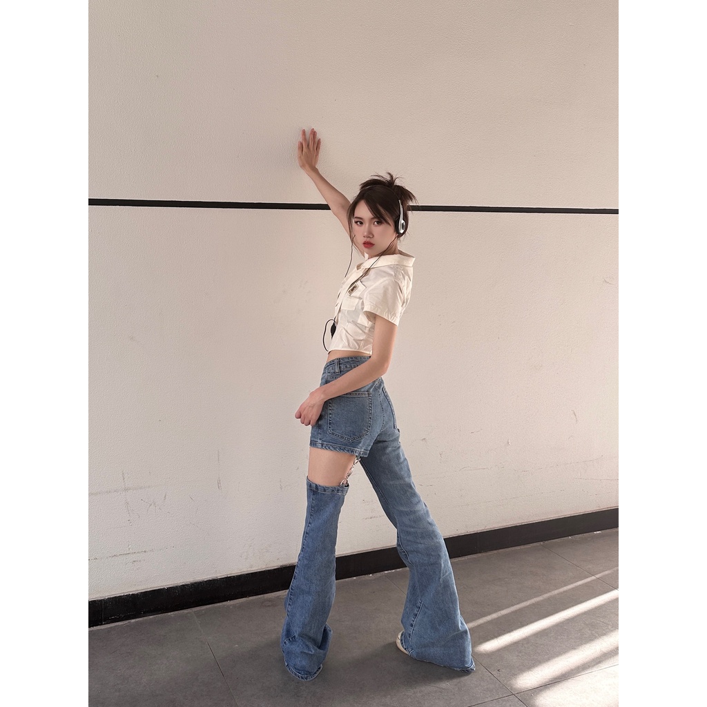 Quần Jeans Lưng Cao Ống Loe Có Thể Tháo Rời Phong Cách Retro Thời Trang Mới Cho Nữ
