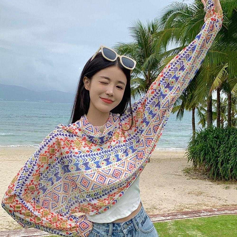 OCEANMAP Áo Chống Nắng Tay Dài Bằng Lụa Lạnh Mỏng Bảo Vệ Cổ Chống Tia UV Họa Tiết Hoa Dành Cho Bạn Nữ