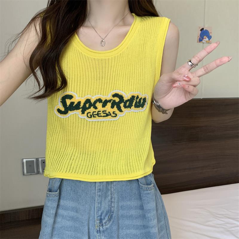 Áo Dệt Kim Sát Nách Dáng Rộng Cổ Tròn In Chữ Phong Cách Retro Mỹ Thời Trang Mùa Hè Cho Nữ