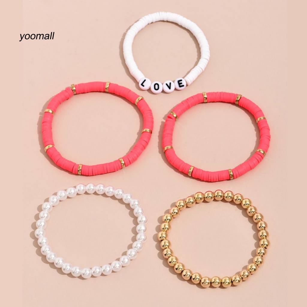 Set 5 Vòng Tay Hạt Đất Sét Polymer Nhiều Màu Sắc In Chữ Love Phong Cách Bohemian