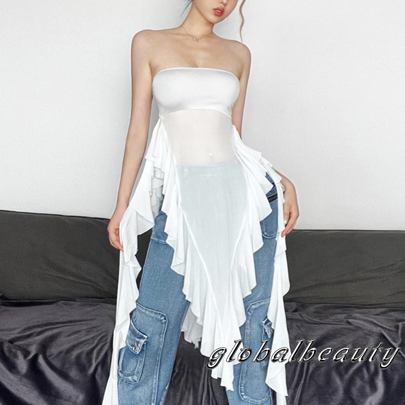 Áo Ống Nhún Bèo Hở Lưng Phối Tua Rua Phong Cách Đường Phố Cho Nữ