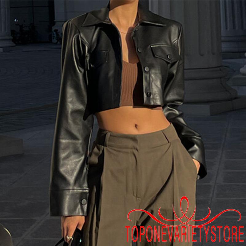 Áo Khoác Da Croptop Tay Dài Màu Trơn Cài Nút Thời Trang Cho Nữ