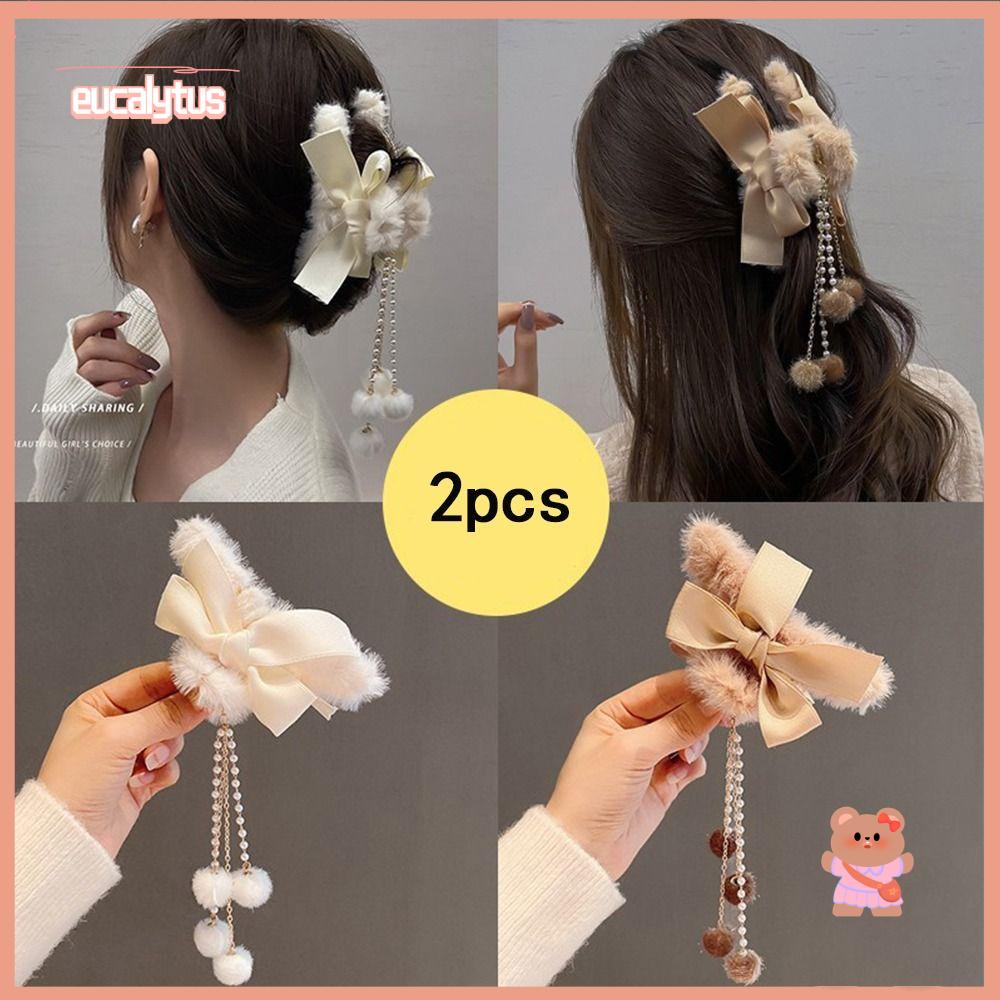 Bộ 2 Kẹp Tóc Càng Cua Đính Nơ Bằng Vải Lông Giả Trang Trí Cho Nữ
