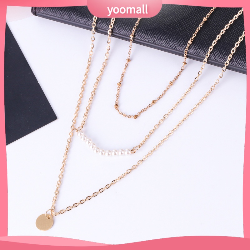 [YM] Vòng cổ Ba Lớp Đính Kim Sa Ngọc Trai Phụ Kiện Xương Ngắn
