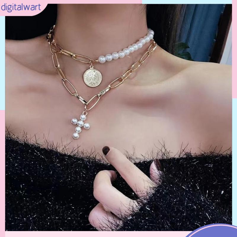 Vòng cổ Hai Lớp Mặt Hình Thánh Giá Đính Ngọc Trai Thời Trang