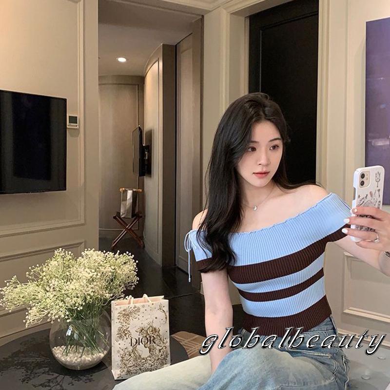 Áo Croptop Dệt Kim Trễ Vai Tay Ngắn Họa Tiết Kẻ Sọc Thời Trang Mùa Hè Cho Nữ